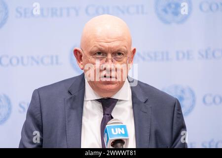 Russian Ambassador Vassily Nebenzia speaks to the press at UN Headquarters in New York. Russia on 25th anniversary of Nato intervention into Former Republic of Yugoslavia requested a Security Council meeting. Russia attempted to make parallels between NATO intervention and their own war against Ukraine. There was hitted exchange between Ambassadors of France Nicolas De Riviere and Russia Vassily Nebenzia on agenda for the meeting and eventual vote on procedural agenda returned results as 3 in favor (Russia, Algeria, China) and 12 abstained (United Kingdom, United States, Malta, Slovenia, Sierr Stock Photo