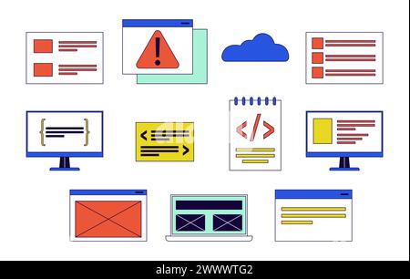 Software development 2D linear cartoon objects set Stock Vector