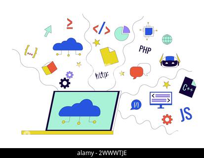 Cloud based software development 2D linear cartoon object Stock Vector