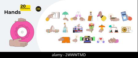 Daily routine lifestyle linear cartoon hands illustration bundle Stock Vector