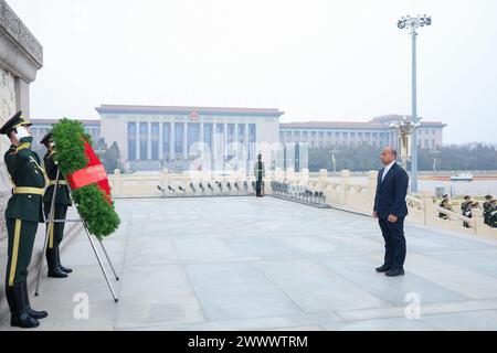 Beijing, China. 26th Mar, 2024. Nauruan President David Adeang lays a wreath at the Monument to the People's Heroes on the Tian'anmen Square in Beijing, capital of China, March 26, 2024. Credit: Liu Bin/Xinhua/Alamy Live News Stock Photo