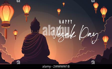 Vesak Day Creative Concept for Card or Banner. Vesak Day is a holy day for Buddhists. Happy Buddha Day with Siddhartha Gautama Statue Design Vector Il Stock Vector