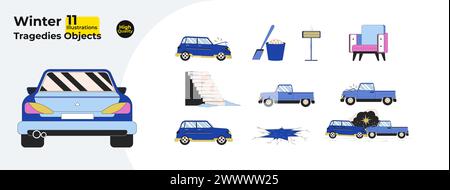 Weather wintertime 2D linear cartoon objects bundle Stock Vector