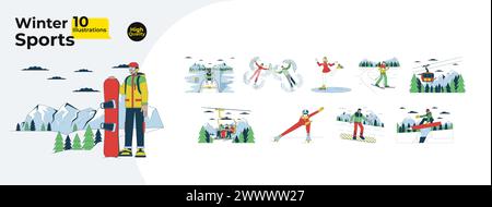 Winter sports activities line cartoon flat illustration bundle Stock Vector