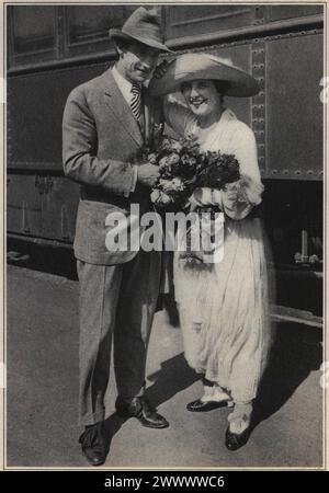 Portrait of newly married actor couple Lou Tellegen and Geraldine Farrar. Vintage Photoplay Magazine photograph portrait of the acting couple , circa 1917 Stock Photo