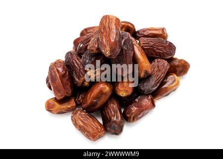Image of tasty dried dates fruits isolated on white background. Clipping path. Vegetarian and healthy snack. Stock Photo