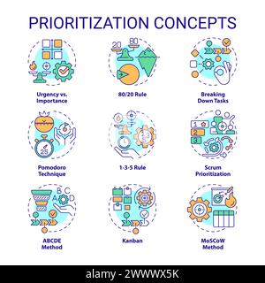 Prioritization techniques multi color concept icons Stock Vector