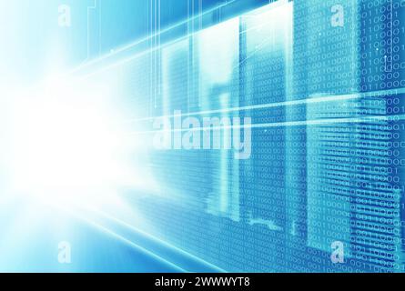 Matrix, coding and numbers for data with connectivity for futuristic technology with blue background. Software, neon and graphic for programming Stock Photo