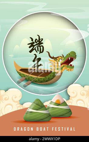 Translation: Happy Dragon Boat Festival. Dragon Boat in River for Rowing Competition . Banner for Duanwu Festival in 3D Style. Stock Vector