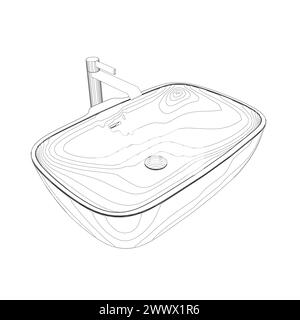Bathroom sink with tap line drawing on white isolated background. Vector illustration. Stock Vector