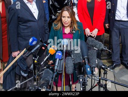 London, UK. 26th Mar, 2024. Stella Assange delivers a speech as she leaves the Royal Courts of Justice. The Julian Assange extradition ruling has been adjourned until the 20th of May 2024 Credit: Mark Thomas/Alamy Live News Stock Photo
