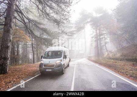 Auf einer kleinen Strasse in einem Wald am Ätna bricht die Morgensonne durch den sich auflösenden Nebel, ein Camper fährt auf der Strasse hinauf zum Vulkan. Catania, Sizilien, Italien Nebelwald am Ätna *** On a small road in a forest on Mount Etna, the morning sun breaks through the dissolving fog, a camper drives up the road to the volcano Catania, Sicily, Italy Cloud forest on Mount Etna Stock Photo