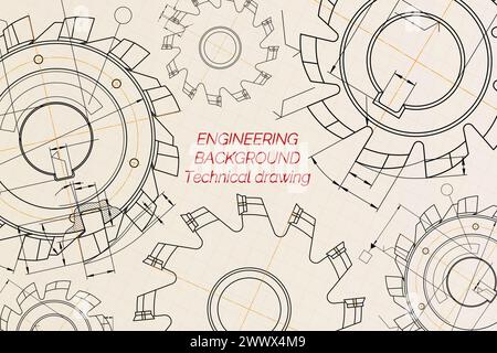 Mechanical engineering drawings on beige technical paper background ...