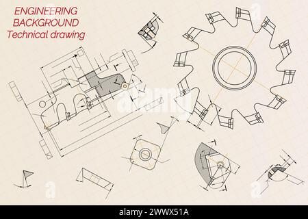 Mechanical engineering drawings on beige technical paper background ...