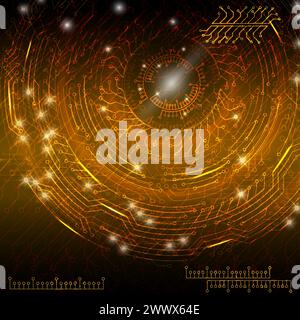 Orange abstract digital technological background with various rotating elements. Vector illustration Stock Vector