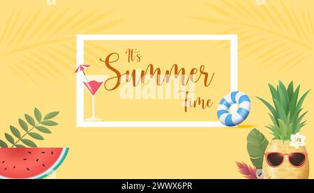3D Realistic Summer Time Holiday Banner Design with Colorful Beach Elements Background. Vector Illustration. Summer Sale, Post Template, 3D Tropical E Stock Vector
