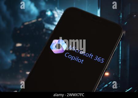 KYIV, UKRAINE - MARCH 17, 2024 Microsoft Copilot logo on iPhone display screen with background of artificial intelligence futuristic ai generated image close up Stock Photo