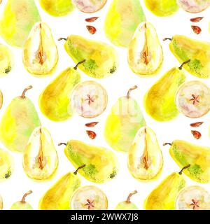 Pattern fresh ripe yellow honey pear fruits. Hand drawn watercolor illustration. Delicious aromatic fruit ripened on a tree. Stock Photo