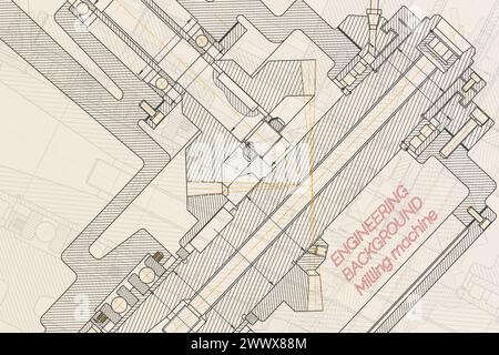 Mechanical engineering drawings on light background. Milling machine spindle. Technical Design. Cover Stock Vector