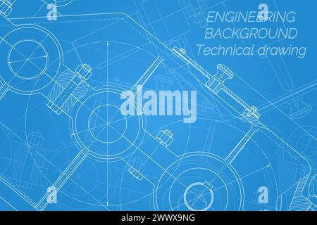Mechanical engineering drawings on blue background. Reducer. Technical Design. Cover. Blueprint. Vector illustration Stock Vector