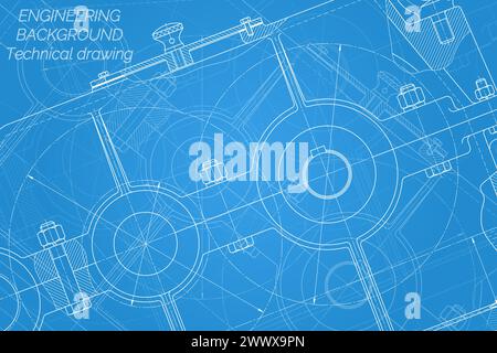 Mechanical engineering drawings on blue background. Reducer. Technical Design. Cover. Blueprint. Vector illustration Stock Vector