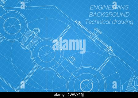 Mechanical engineering drawings on blue background. Reducer. Technical Design. Cover. Blueprint. Vector illustration Stock Vector