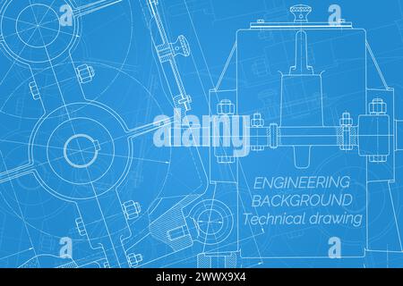 Mechanical engineering drawings on blue background. Reducer. Technical Design. Cover. Blueprint. Vector illustration Stock Vector
