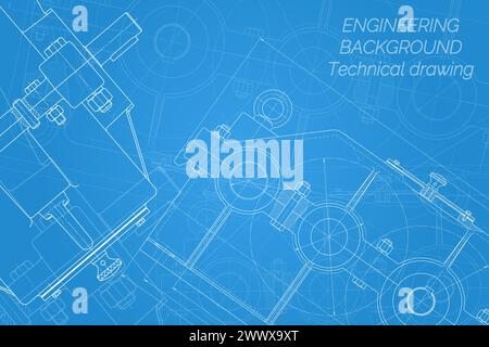 Mechanical engineering drawings on blue background. Reducer. Technical Design. Cover. Blueprint. Vector illustration Stock Vector