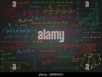 Mathematical colorful formulas drawn by hand on a black unclean ...