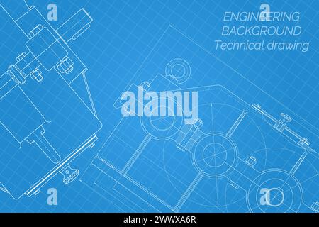 Mechanical engineering drawings on blue background. Reducer. Technical Design. Cover. Blueprint. Vector illustration Stock Vector