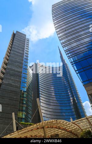MILAN, ITALY - MAY 17, 2018: This is the top of modern skyscrapers surrounding Gae Aulenti Square. Stock Photo