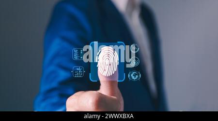 Businessman Fingerprint scanning and biometric authentication, cybersecurity and fingerprint password, future technology and cybernetics, cybersecurit Stock Photo