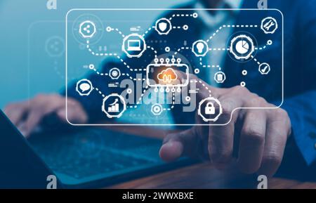 Businessman showing virtual glowing cloud computing to download and loading data information and upload on system network application. Technology data Stock Photo
