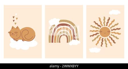 Decorations in Scandinavian style. Cat, rainbow, sun and clouds. Cartoon childish design for nursery, kids room, baby shower. Vector illustration Stock Vector