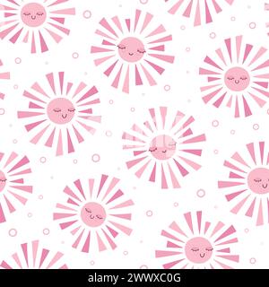 Doodle sun seamless pattern. Cute hand drawn sun characters. Cartoon childish design. Vector illustration Stock Vector