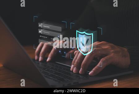 Cybersecurity and privacy concepts to protect data. Lock icon and internet network security technology. Businessmen protecting personal data on laptop Stock Photo
