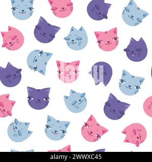 Cute hand drawn seamless pattern with colorful cat faces. Cat seamless pattern. Cartoon childish design. Vector illustration Stock Vector