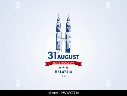 Happy 31st August Malaysia Independence Day Vector Illustration. Petronas Tower Design for 65th National Day Poster Banner Template. Twin Tower and Fl Stock Vector