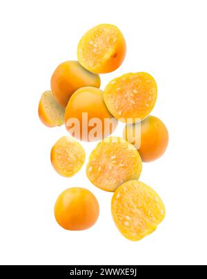 Ripe orange physalis fruits falling on white background Stock Photo