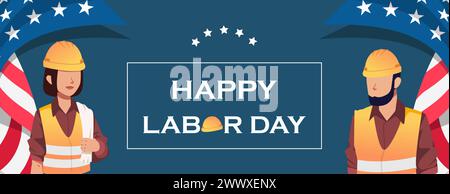 Happy Labor Day Vector Illustration with Labor Character and US Flag. Suitable for Template Poster, Banner, Flyer, Greeting Card etc Stock Vector