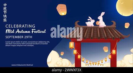 Happy Mid Autumn Festival with Red Chinese Temple, Rabbit, Mooncake and Flying Lantern Vector Illustration. Stock Vector