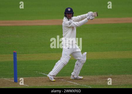 Chester le Street, 26 March 2024. Colin Ackermann reaches his half century playing for Durham Cricket against Durham UCCE in a pre season match. Credit: Colin Edwards/Alamy Live News Stock Photo