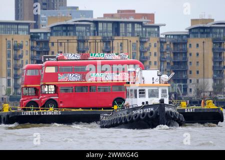 London, UK. 26th Mar, 2024. Old London Routemaster being transported by Livett Launches and Tugs.They were for Sky Brown the skateboarder  Credit: Paul Chambers/Alamy Live News Credit: pcpexclusive/Alamy Live News Stock Photo