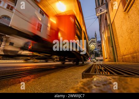 traditional tram in Soller city, Mallorca, Spain, Europe Stock Photo