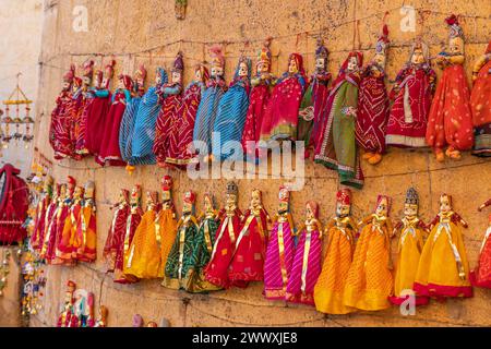 Popular indian souvenirs, traditional puppets dolls from northern Rajasthan, the golden town Jaisalmer Stock Photo