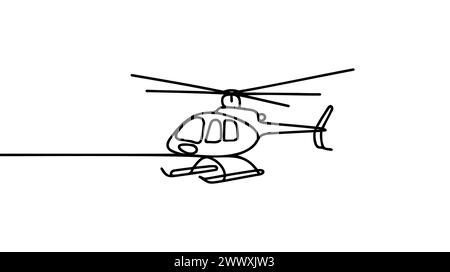 Continuous line helicopter in flight. Drawing black thin line on white background. Stock Vector