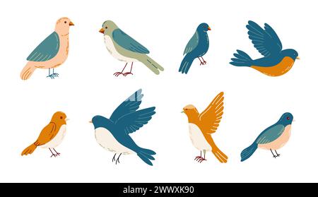 Set of spring birds. Different birds in simple cartoon style. Flat vector illustration. Stock Vector