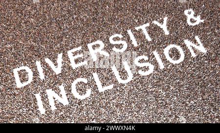 Conceptual large community of people forming DIVERSITY & INCLUSION message. 3d illustration metaphor for tolerance, non discrimination, cooperation Stock Photo