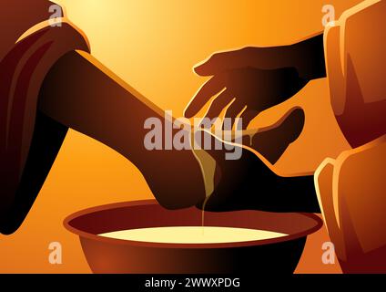 Biblical vector illustration series, iconic biblical scene of Jesus washing the apostles' feet on Maundy Thursday Stock Vector