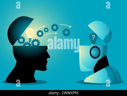 Symbolically portrays a human head transferring knowledge to a robot, concept of AI learning, vector illustration Stock Vector